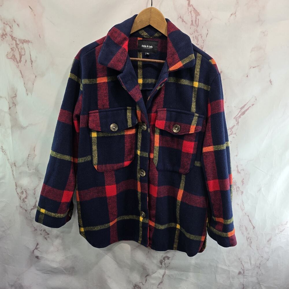 Ookie & Lala Coat Womens Medium Navy Red Plaid Madrad Lightweight Pea Shacket